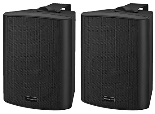 MONACOR MKA-50SET/SW Aktives 2-Wege-Stereo-Lautsprecher-System - Lautsprecher-System mit 2 x 20 W, ideal für klare Klangwiedergabe und einfache Montage dank mitgeliefertem Bügel und Auto-Stand-by-Funktion.