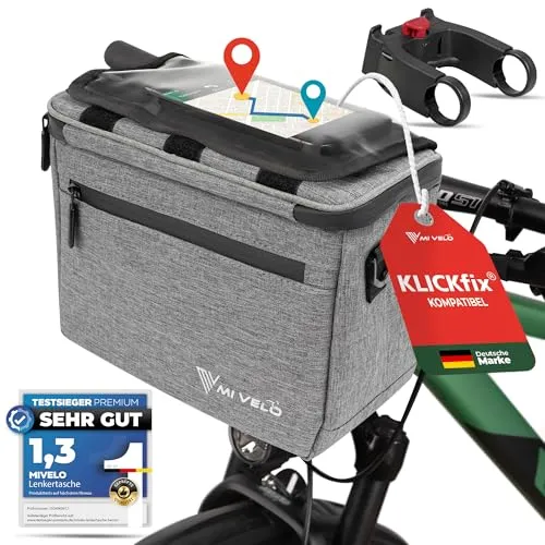 KlickFIX Lenkertasche "OSKAR" mit Handyfach - Grau, Bestseller - Fahrradtaschen - Praktische Lenkertasche mit Handyfach für einfachen Zugriff auf Ihr Smartphone während der Fahrt.