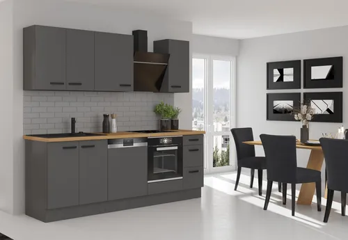Küche NESSA Basic 240 cm Anthrazit Grau - Küchenzeile im modernen Design, bietet viel Stauraum und ein hervorragendes Preis-Leistungs-Verhältnis für Ihre Traumküche.
