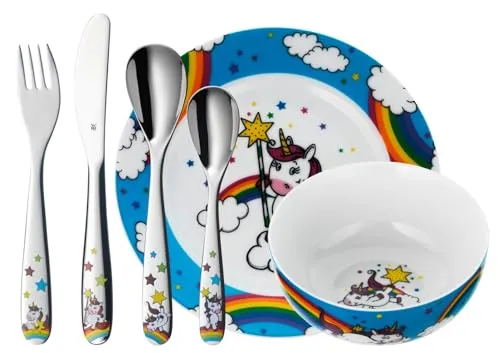 WMF Kindergeschirr-Set 6-tlg. Einhorn - Ess- & Geschirr-Sets, aus hochwertigem Porzellan und Edelstahl, perfekt für kleine Einhorn-Fans und fröhliche Mahlzeiten.