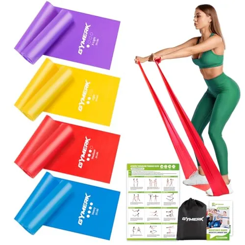 GYMERK Fitnessbänder Set 4er mit Übungsposter - Vielseitiges Fitnessbänder-Set mit 4 Widerstandsstufen für effektives Training. Ideal für Yoga, Pilates und Muskelaufbau. Hochwertiges, umweltfreundliches TPE-Material, das sich leicht transportieren lässt.