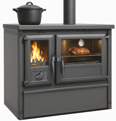 Küchenofen Holzherd Modell Forno - 6 kW, gussgrau - Eleganter Holzherd mit großem Edelstahl-Backfach und Kochfläche. Ideal zum gleichzeitigen Kochen und Heizen. Energieeffiziente Verbrennung und einfache Reinigung durch praktisches Aschefach.