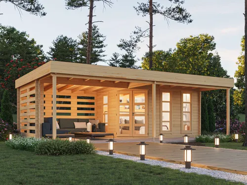 Fjordholz Flachdach Gartenhaus Modell Susan 44 - Massives Flachdach Gartenhaus aus 44mm dicken Wandbohlen, ideal für den Garten. Mit moderner Doppeltür und bodentiefen Fenstern bietet es viel Licht und Stabilität. Individuelle Maßanfertigungen möglich.