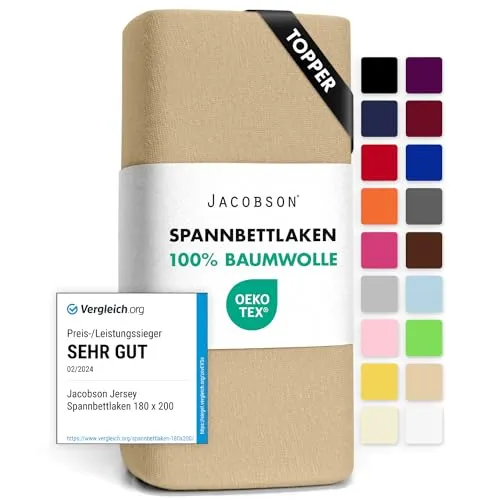 Jacobson Jersey Spannbettlaken Spannbetttuch Baumwolle Bettlaken (Topper 140-160x200 cm, Beige)