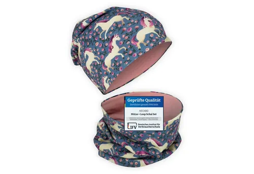 HECKBO Beanie HECKBO Kinder Mädchen Jungen Beanie Mütze & Loop-Schal Set
