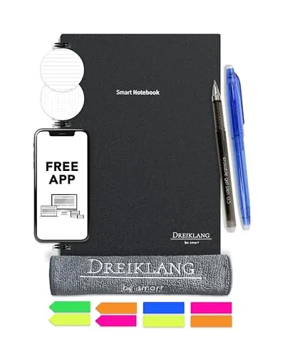 Dreiklang - be smart Wiederverwendbares Digitales elektronisches Notizbuch A 4 als Notebook mit Planer - iOS/Android App Cloud - Wiederbeschreibbar mit 2 Stiften, Mikrofaser-Tuch und Haftnotizen