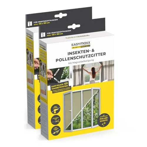 EASYmaxx Insect Protect Fliegengitter Fenster | zuschneidbares Moskitonetz | Insektenschutz Fenster bis 150 x 180 cm | Fliegennetz Magnet mit Pollenschutzgitter - leichte Montage ohne Bohren [2 Stück]