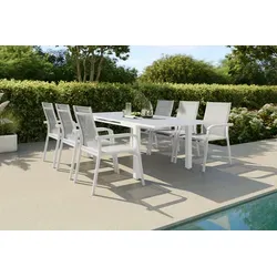 KETTLER Garten-Essgruppe mit 6 Stapelsesseln und Ausziehtisch - Hochwertige KETTLER Garten-Essgruppe mit witterungsbeständigem Ausziehtisch (180/240 x 100 cm) und 6 ergonomischen Stapelsesseln. Ideal für gesellige Abende im Freien, pflegeleicht und elegant.