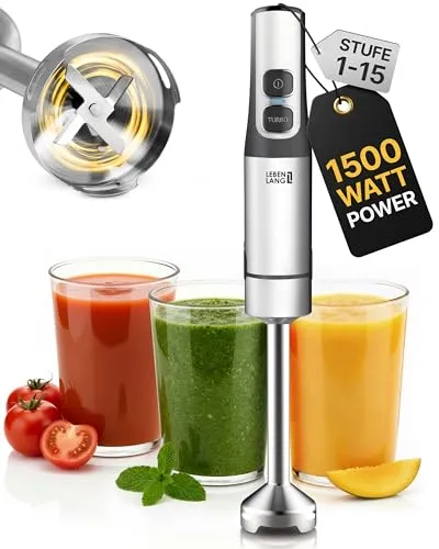 Lebenlang Stabmixer Edelstahl 1200W - Stabmixer für cremige Ergebnisse, 1200W Leistung, 4 Klingen Technologie und stufenlos verstellbare Geschwindigkeit, ideal für Mixen und Zerkleinern.