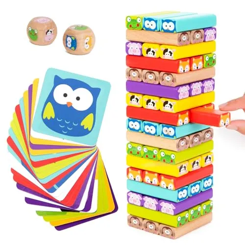 Nene Toys Wackelturm 4 in 1 - Pädagogisches Kinderspiel ab 3 Jahren - Stapelspiele mit 4 Spielvariationen für kreative Abenteuer. Fördert kognitive Fähigkeiten und sorgt für sicheren Spielspaß mit hochwertigem Holz und ungiftigen Farben.