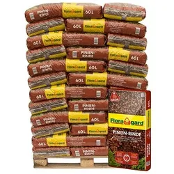 FLORAGARD® Pinienrinde grob, 25-40mm auf Palette - Blumenerde für effektiven Pflanzenschutz, unterdrückt Unkraut und schützt Pflanzen vor Frost. Ideal für kreative Gartengestaltung und dekorative Abdeckung von Kübeln.