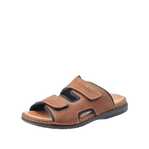 Rieker Pantolette Hausschuh - Sportlicher Sommerschuh mit Klettverschluss - Pantoletten in Größe 45, braun mit gepolstertem Lederinnensohle. Ideal für den Sommer, Urlaub oder zu Hause. Bequemer, offener Schuh mit dezentem Logoschriftzug und leicht profiliertem Laufsohlenprofil.