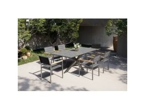 OUTFLEXX Garten-Essgruppe, silber/schwarz, Edelstahl/Granit/Textil, 200x100 cm, 6 Stühle, padded, Armlehnen aus Teak