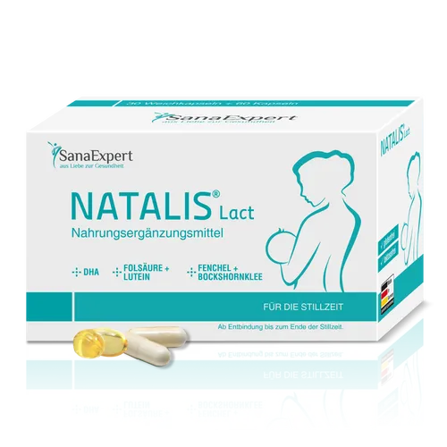 SanaExpert Natalis Lact, Stillzeit-Vitamine mit DHA - Nahrungsergänzungsmittel für Damen in der Stillzeit, gluten- und laktosefrei, mit wichtigen Nährstoffen wie DHA und Folsäure für optimale Unterstützung.