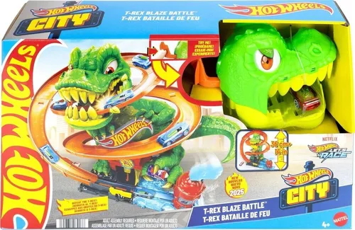 Hot Wheels T-Rex Blaze Battle - Spielzeugauto mit dynamischem T-Rex, der spannende Rennen bietet und Kinder herausfordert, das Hot Wheels City zu retten!