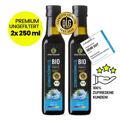 Kräuterland Bio Schwarzkümmelöl 2X250ml - Nuss- & Samenöle, mühlenfrisch und kaltgepresst, reich an Omega-Fettsäuren und Thymochinon für optimale Gesundheit.