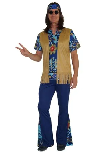 MAYLYNN Hippie Kostüm Herren 70er Jahre Retro – mit Weste, Gr. M - Kostüm-Outfits für Erwachsene, 4-teiliges Herren Hippie Kostüm mit buntem Shirt, trendiger Weste und Schlaghose – perfekt für Motto- und Karnevalspartys!