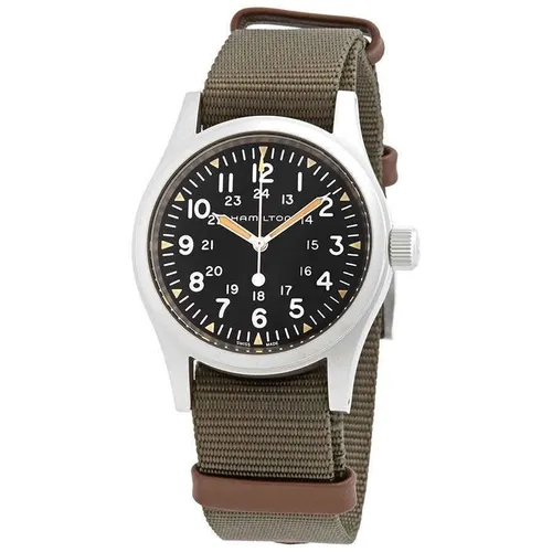 Hamilton Khaki Field Mechanical H69439931 Herrenuhr mit grünem Nylonband - Armbanduhren mit Swiss Made Qualität, Automatikwerk und 50 m Wasserdichtigkeit – ideal für Abenteuer und den Alltag.