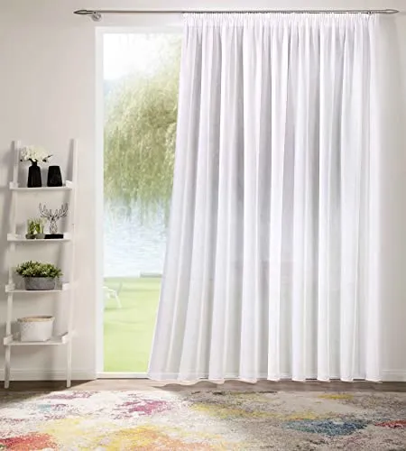 deco home | Gardinen Store Voile Effekt Vorhang mit Kräuselband, transparent Weiß, 900 x 175 cm - Hochwertiger transparenter Vorhang in schlichter Leinenoptik, ideal für jeden Raum. Einfaches Anbringen dank Kräuselband und pflegeleicht bei 30°C. Für ein luftiges Ambiente mit angenehmem Lichteinfall.