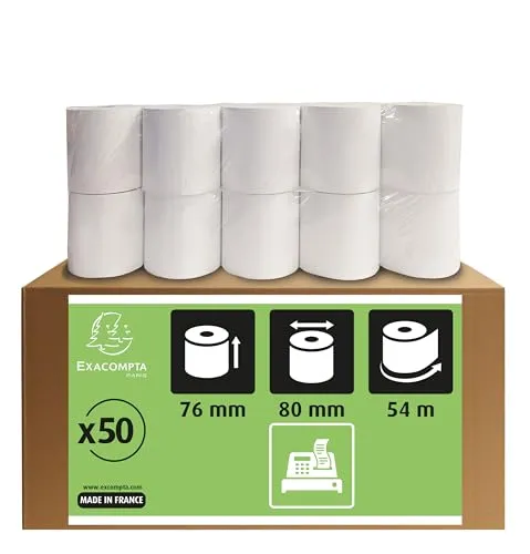 Exacompta 7680120V Kassenrollen 50 Stück - Kassenrollen, 1-lagig, Offsetpapier, ideal für den täglichen Einsatz in Geschäften und Gastronomie, 76x80m, 60g/m², umweltfreundlich und ressourcenschonend.