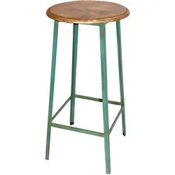 Holly Barhocker - Grün - Der Holly Barhocker in Grün überzeugt mit einem stabilen Eisenrahmen und einem runden Sitz aus natürlichem Mangoholz. Ideal für Hochtische und Barbereiche, vereint er Funktionalität und stilvolles Design.