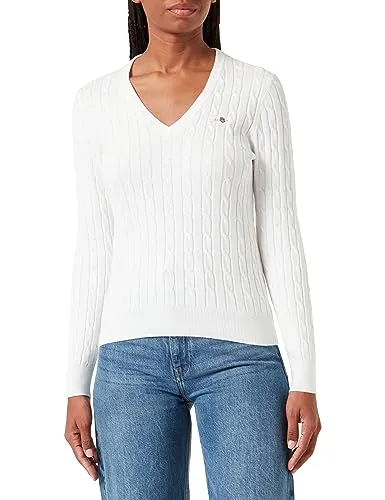 Gant Damen Stretch Cotton Cable V-Neck Pullover, Eggshell, M EU - Pullover für Damen mit schmaler Passform, aus hochwertiger Stretch-Baumwolle und stylischer grafischer Gant-Stickerei auf der Brust.