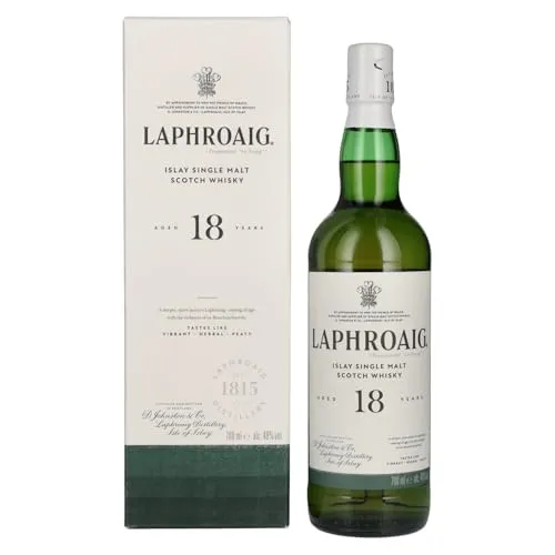 Laphroaig 18 Years Old Islay Single Malt Scotch Whisky - Whisky in Geschenkbox, 18 Jahre gereift mit intensiven rauchigen Aromen und einem Hauch von Vanille – perfekt für Whisky-Liebhaber.
