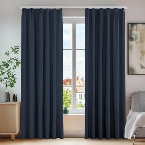 Deconovo Dunkelblaue Thermovorhänge 175x140 cm, 2er Set - Elegante, blickdichte Gardinen aus 100% Polyester für optimalen Sicht- und Lärmschutz. Einfache Montage mit Kräuselband, ideal für Schlafzimmer und Wohnzimmer.