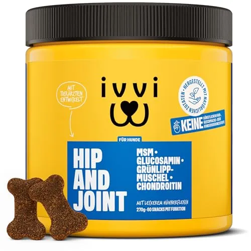 ivvi Hip & Joint - hochkonzentrierte Gelenktabletten für Hunde als Leckerli mit Grünlippmuschel Hund, Glucosamin, Chondroitin & MSM - 60 leckere Snacks (270g) mit Huhn