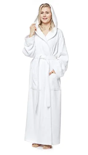 Arus Damenbademantel mit Kapuze, knöchellang - Bademäntel für Damen, kuscheliger und atmungsaktiver Bademantel aus 100% Baumwolle, perfekt für Sauna, Spa und Wellness mit zwei großen Taschen und Bindegürtel.