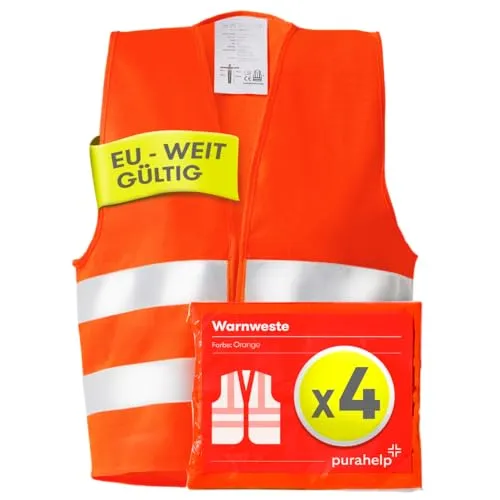 PURAHELP Warnwesten 4er Set Europaweit gültig nach EN ISO 20471 - Reflektierende Warnweste - Sicherheitsweste Orange - Warnschutzweste - Sicherheitswesten für Erwachsene