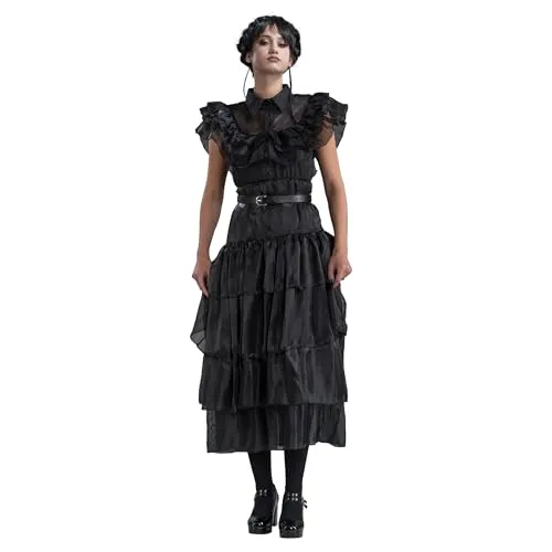 Chaks Wednesday Kostüm Ballkleid schwarz - Original Lizenz für Damen, elegantes Rabenball-Outfit für Halloween und Karneval in Gr. S-L
