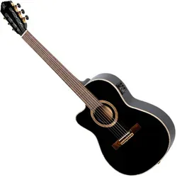 Ortega RCE138-T4BK-L Thinline Gitarre - Thinline Linkshänder-Modell mit massiver Alaska Sitka-Fichten-Decke und hochwertiger Ortega MagusPro Elektronik, ideal für vielseitige Klänge.