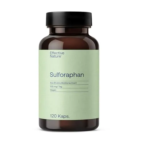 effective nature Sulforaphan hochdosiert - 100 mg - 120 Kapseln - Pflanzliche Ergänzungsmittel mit hochdosiertem Sulforaphan aus Brokkoliextrakt, vegan und für 2 Monate. 100% pflanzlich, ohne unerwünschte Zusätze, hergestellt in Deutschland.