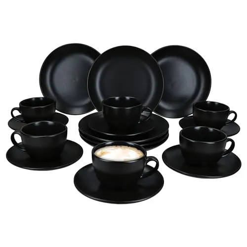 MamboCat Kaffeeservice 18tlg - Panther Schwarz für 6 Personen - Elegantes Kaffeeservice aus Steingut in edlem Schwarz, perfekt für stilvolle Kaffeerunden mit Freunden und Familie.