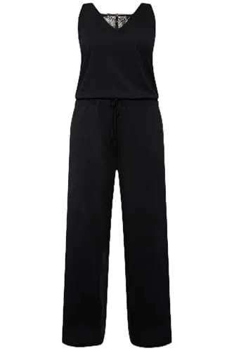Ulla Popken Overall Jumpsuit mit Spitze und V-Ausschnitt - Modischer Overall in Schwarz, ärmellos und aus hochwertigem Modal-Baumwoll-Mix, ideal für besondere Anlässe oder den Alltag.
