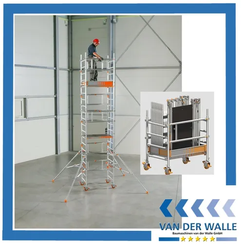 Layher Gerüst SoloTower - Fahrbares Gerüst mit 6,15m Arbeitshöhe - Gerüst aus Aluminium mit 4 feststellbaren Lenkrollen, ideal für sicheren Stand auf unebenem Untergrund. Leichter, werkzeugloser Aufbau und transportabel durch Standard-Zimmertüren.