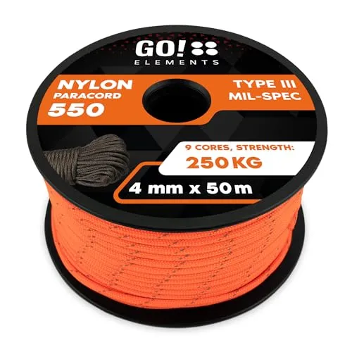 GO!elements Paracord 550 - Reißfeste 4mm Abspannleine in Orange - Camping-Zubehör: 50m lange Paracord 550 aus robustem Nylongewebe, ideal für vielseitige Anwendungen im Freien.