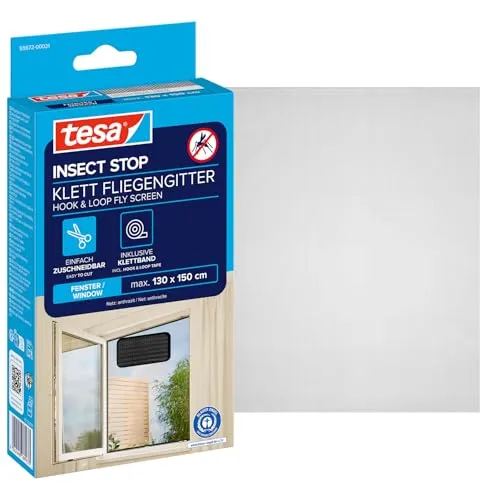 tesa Insect Stop Klett Fliegengitter für Fenster - Insektenschutz mit Klettband, zuschneidbar - Mückenschutz ohne Bohren - 1 x Fliegen Netz - 130 cm x 150 cm - Anthrazit