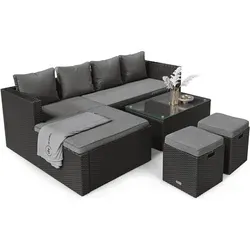 di volio Polyrattan Sitzgruppe Bologna - Lounge Gartenmöbel-Set - Gartenmöbel-Set mit L-förmigem Ecksofa, Couchtisch und 2 Hockern, inklusive einer kostenlosen Fleece-Decke. Wasserfest und pflegeleicht, ideal für entspannte Stunden im Freien.