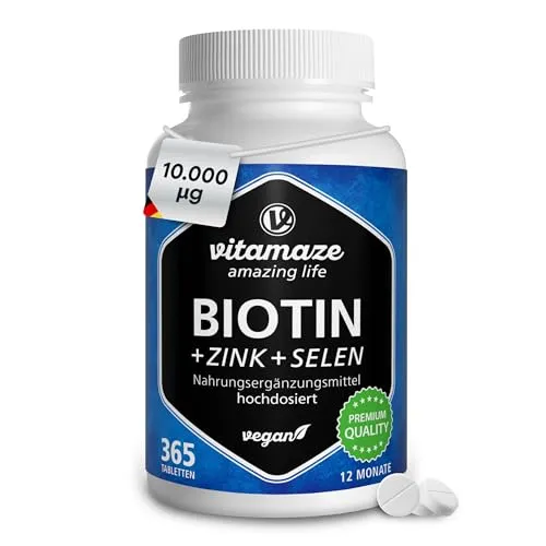 Biotin 10 mg hochdosiert + Zink + Selen Tabletten 365 St - rezeptfrei, fördert gesunde Haare und Nägel