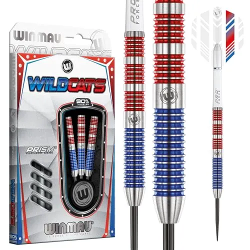 WINMAU Wildcats 22g Profi Wolfram Steeltip Dartpfeile Set - Steel-Dartpfeile mit 90% Wolfram, inklusive Premium-Flights und Schäften, bieten optimale Griffigkeit und Balance für das moderne Spiel.