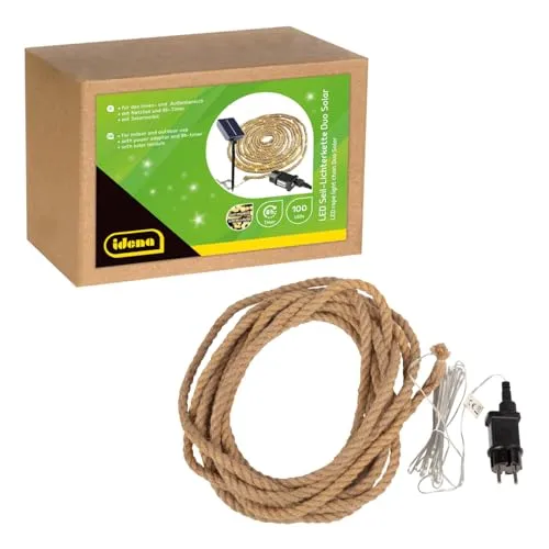 Idena 30520 - LED Lichterkette Seil mit 100 LED in Warmweiß, für Außen & Innen, ca. 9 m lang, mit Solar oder Netzteil, 8 Stunden Timer Funktion, Deko für Haus & Garten