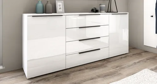 Sideboard BORCHARDT MÖBEL "Tom", weiß hochglanz - Kommode in modernem Design, bietet 2 geschlossene Fächer und 2 Einlegeböden für optimalen Stauraum bei kompakten Maßen (B:166cm H:72cm T:35cm). Ideal für stilvolle Wohnräume.