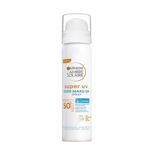 Garnier Ambre Solaire Super UV Over Make-up Spray LSF 50+ - Schutzspray für das Gesicht mit LSF 50+, bietet zuverlässigen Schutz vor Sonnenstrahlen und ist ideal für die Anwendung über Make-up. Der ultra-leichte Nebel zieht schnell ein und sorgt für langanhaltende Feuchtigkeit.