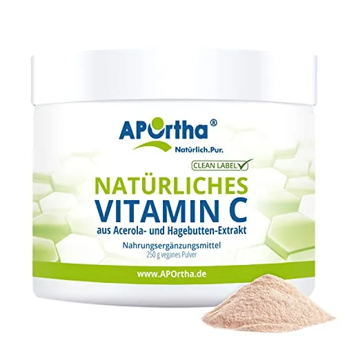 APOrtha® Natürliches Vitamin C - veganes Pulver 250 g - Nahrungsergänzungsmittel mit hochdosiertem, rein pflanzlichem Vitamin C für ein starkes Immunsystem und natürliche Energie.