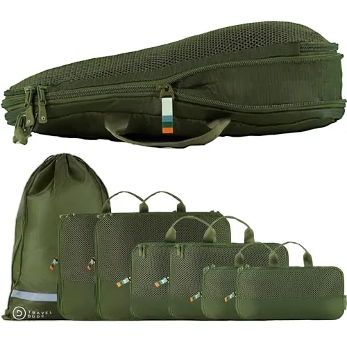 TRAVEL DUDE Packwürfel Set mit Kompression | 7-teiliges Set aus recycelten Materialien - Kofferwaagen - Leichte Packing Cubes zur perfekten Organisation und Kompression deiner Kleidung, nachhaltig aus recycelten Plastikflaschen hergestellt.