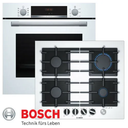 BOSCH Gasherd-Set mit Elektro Backofen und Glaskeramik Kochfeld - Herdset von Bosch: Autarkes Design in Weiß mit 3D-Luftzirkulation für perfekte Backergebnisse. EcoClean-Technologie sorgt für mühelose Reinigung.
