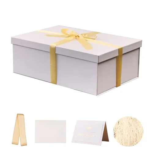 KdmNzoo Geschenkbox mit Deckel 31 x 21 x 11 cm groß, Geschenkbox mit Schleifen, Grußkarten, Raffia Hamper Shreds für Weiß