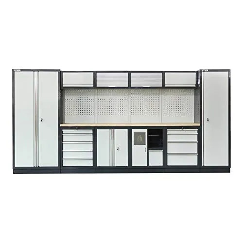 STIER Werkstatteinrichtung Basic, 6-teilig - Werkzeugschränke mit modularer Lochwand und Multiplex-Arbeitsplatte, bietet viel Stauraum und individuelle Werkzeuglagerung für effizientes Arbeiten.